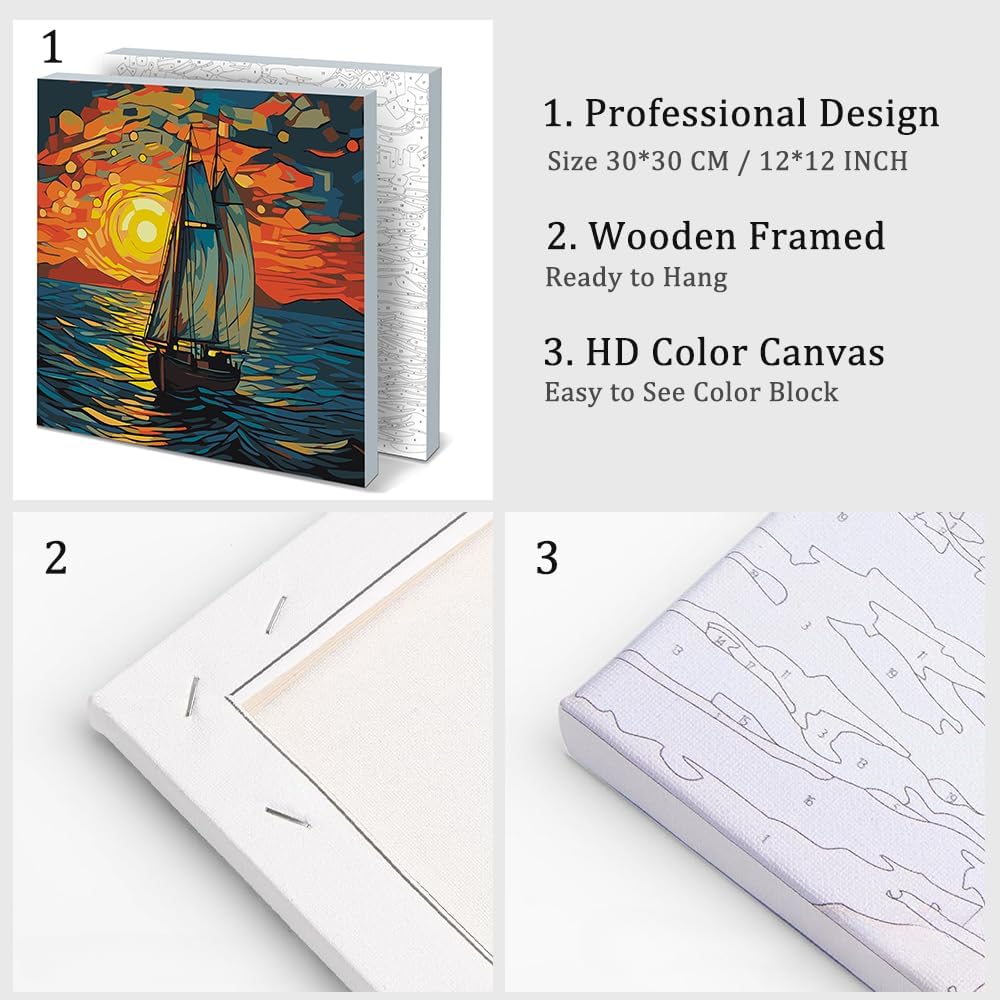 Natuyalo Framed Paint by Numbers Kit for Adults 12x12 Inch - Sea Sailboat image 4