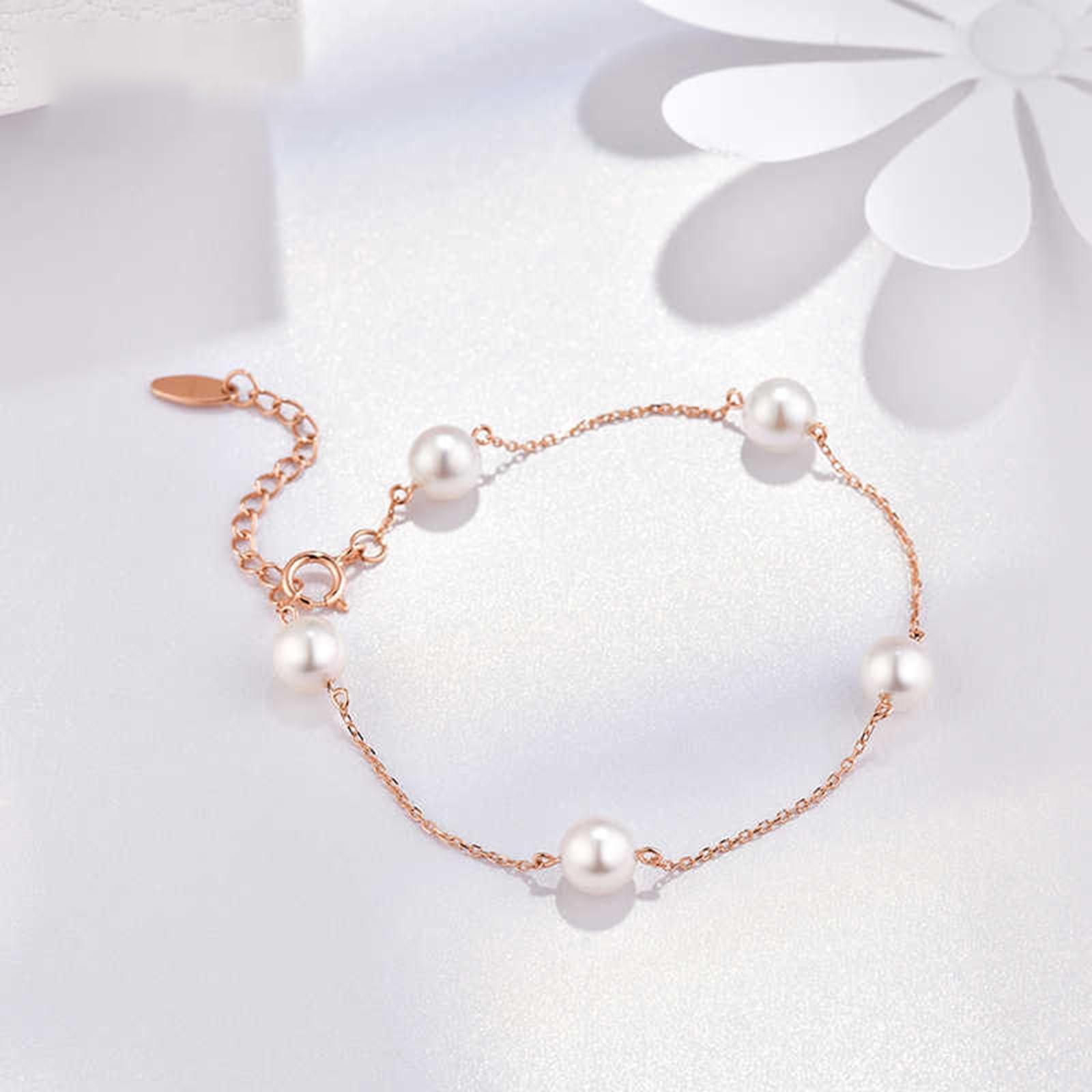 Pulseras de oro rosa para mujer, perlas de oro rosa de 5.5-6 mm, pulseras de hermana mayor para mujer