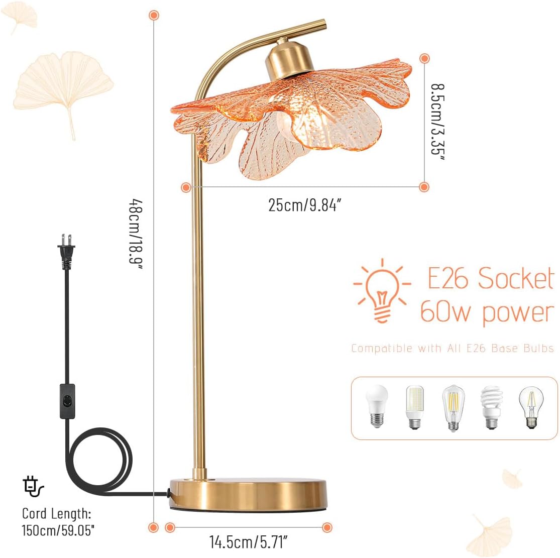 Mid Century Modern Table lamp Bedside Table Lamps with Touch Switch Amber Glass Tall Table lamp Gold Desk lamp nightstand lamp Small Table lamp for Bedroom Living Room Office