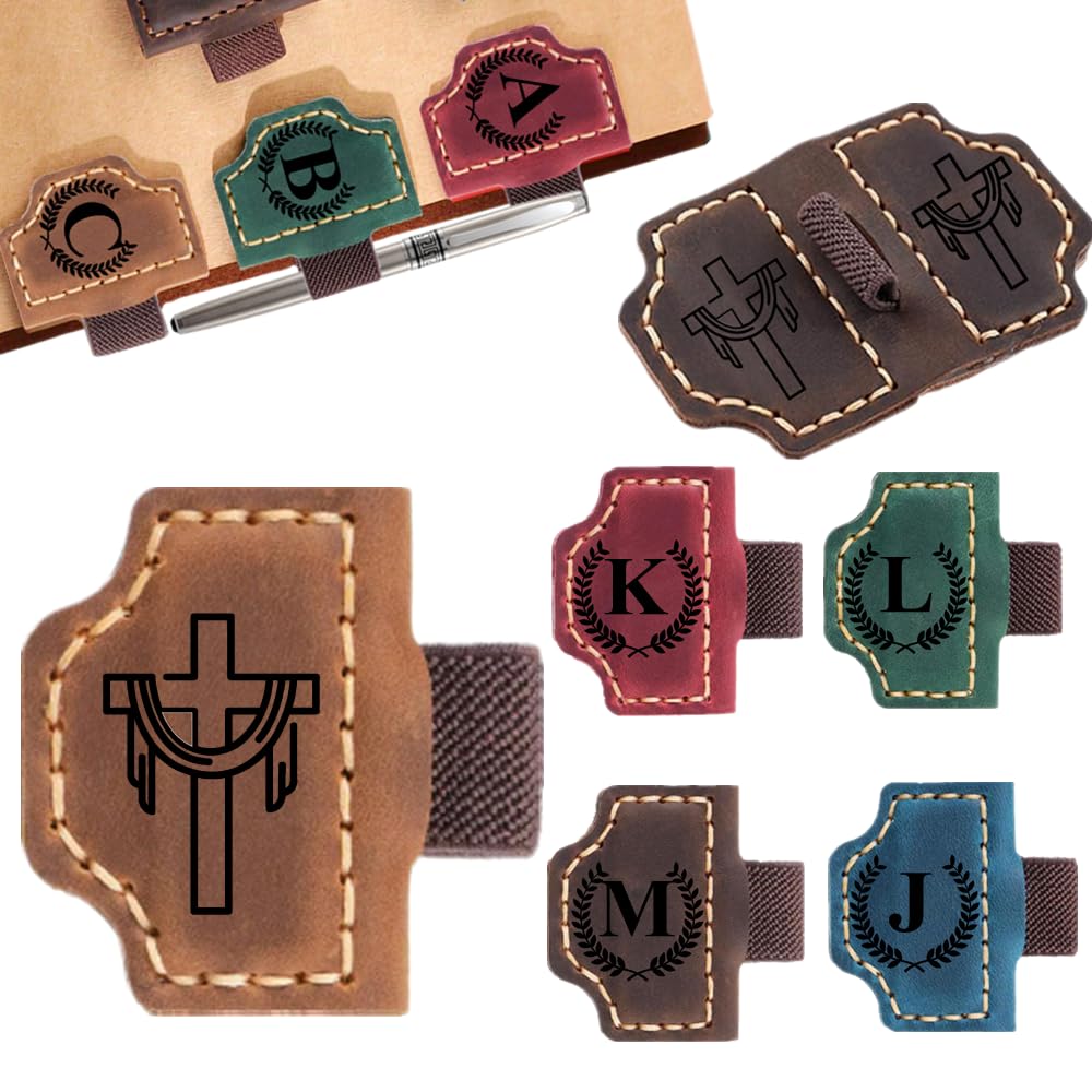 Custom Bookmark with Pen Holder with 26 Letters Personalized Magnetic Leather Book Mark, Customized Name Book Marker Clip with Initial for Men Women, Gifts for Book Lovers, Readers, (Brown, Cross-2)