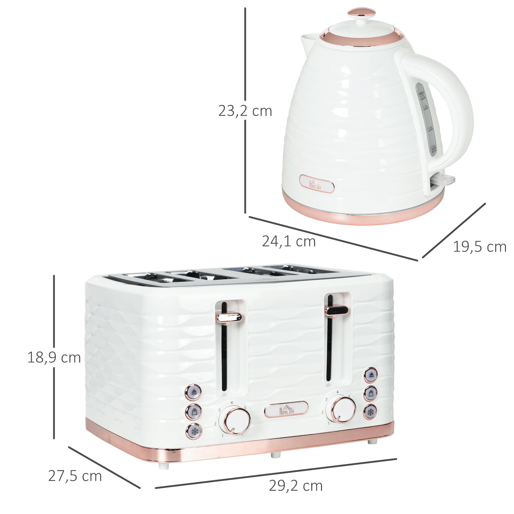 HOMCOM Juego de desayuno con hervidor de 1,7 litros, tostador de 4 rebanadas, 2200 W, 7 niveles de tostado, descongelación, recalentamiento y bandeja recogemigas, termostato Otter, blanco crema