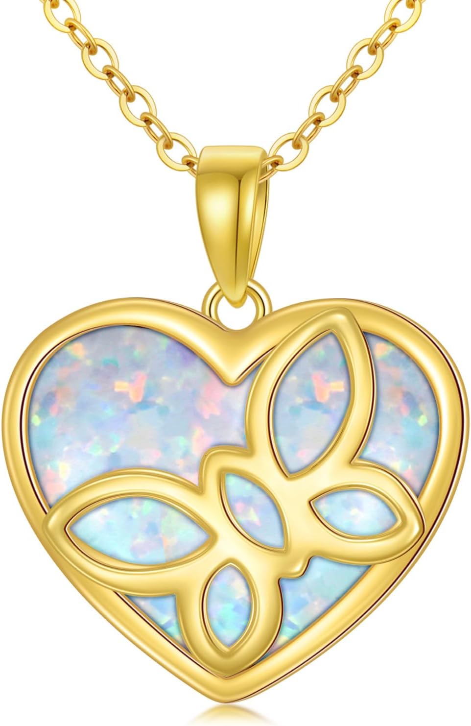 YDD 14K Solid Gold Opal Necklace for Women Dainty Opal Butterfly Necklace Heart Butterfly Pendant Necklace Jewelry Gifts for Her 16"-18"