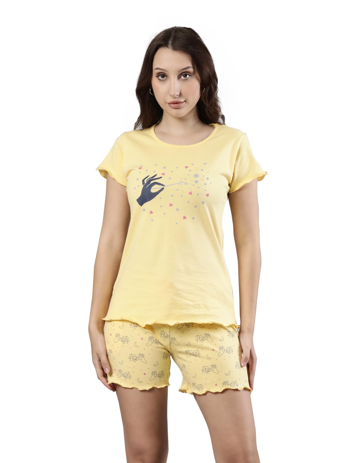 Relax Fit Half Sleeve Top and Short Bottom Nightwear Set Abstract Print, Breathable and Soft Cotton Fabric with Drawstring Waistband Closure, 1 Pocket in Bottom,for Women,Pack of 1-image-42