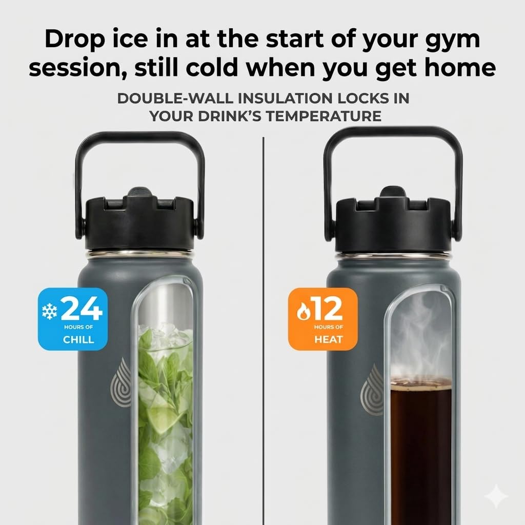 Insulated Metal Water Bottle with Straw 750ml- Stainless Steel Water Bottle, BPA Free, Dual Lid Straw & Spout, Leakproof, 24 Hours Cold & Hot, Work, Travel, Gym Bottle for Men & Women - Grey- Daydrate - 3