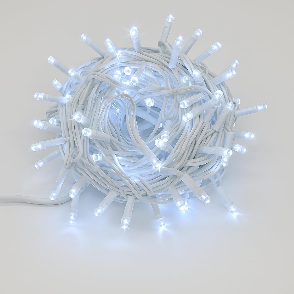 Elektronova Catena Luminosa 300 LED, 30Mt, Luce Bianca, Cavo Bianco, IP65, Prolungabile, Effetto Flash, ghirlanda nataliza, negozi, balcone natale
