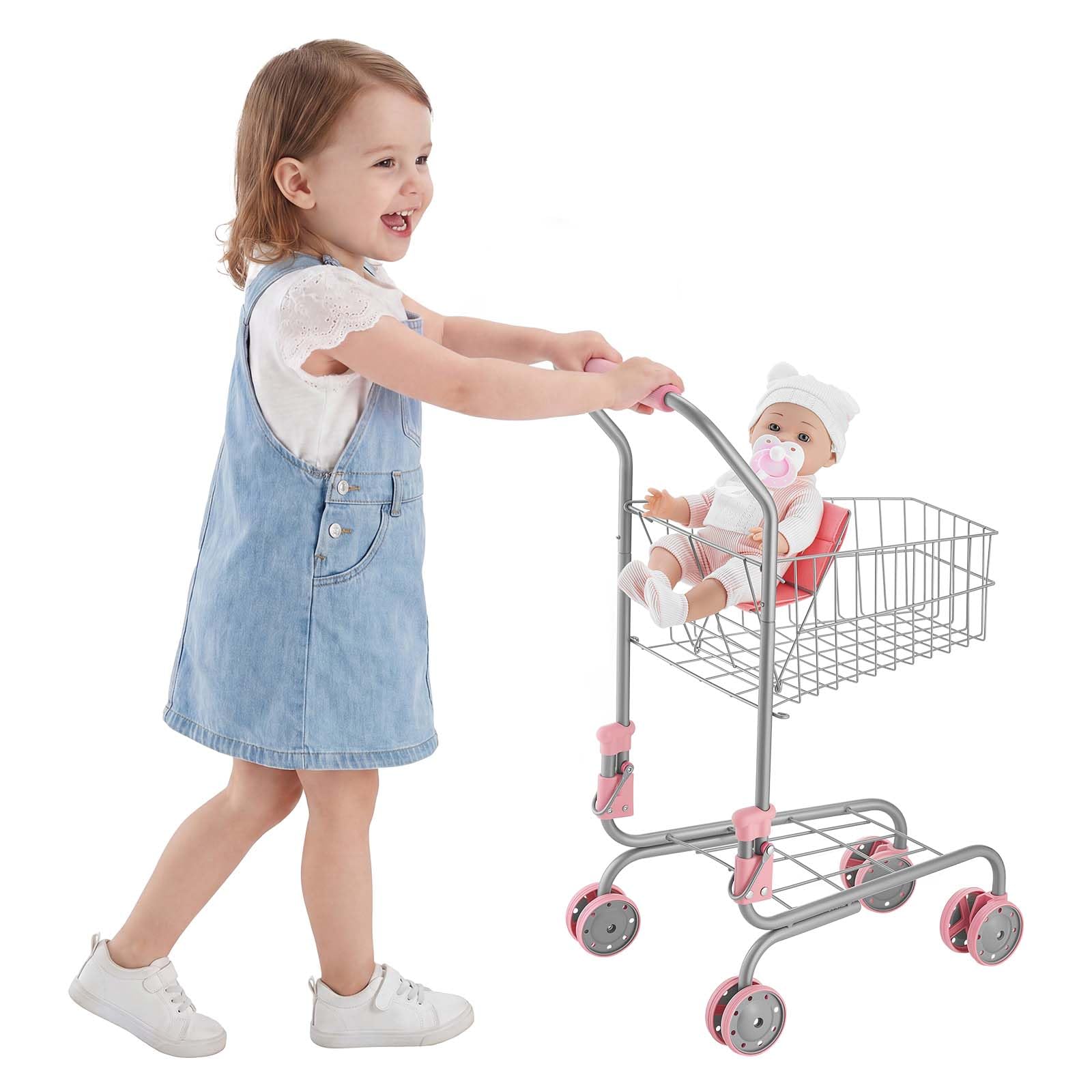 VEVOR Carrello della Spesa Giocattolo per Bambini dai 3 Anni, Carrello Supermercato Giocattolo, Telaio Robusto in Metallo, Sedile per Bambole, Ruote Scorrevoli, Cestino a Rete, Gioco di Ruolo Negozio