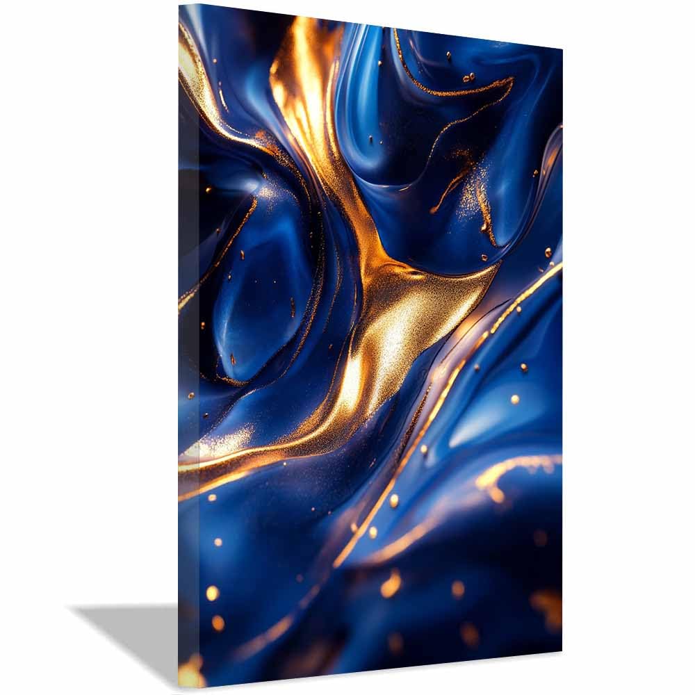 QUSAAOU Leinwand Blau Gold Fließende Metallische Wirbel Kunst Home Deko Wohnung Bild Wohnzimmer Fotoleinwand Wand Bilder Leinwand Wall Decor Kunstdruck-Kunst-Abstrakt(Blue)-50x70cm Gerahmt