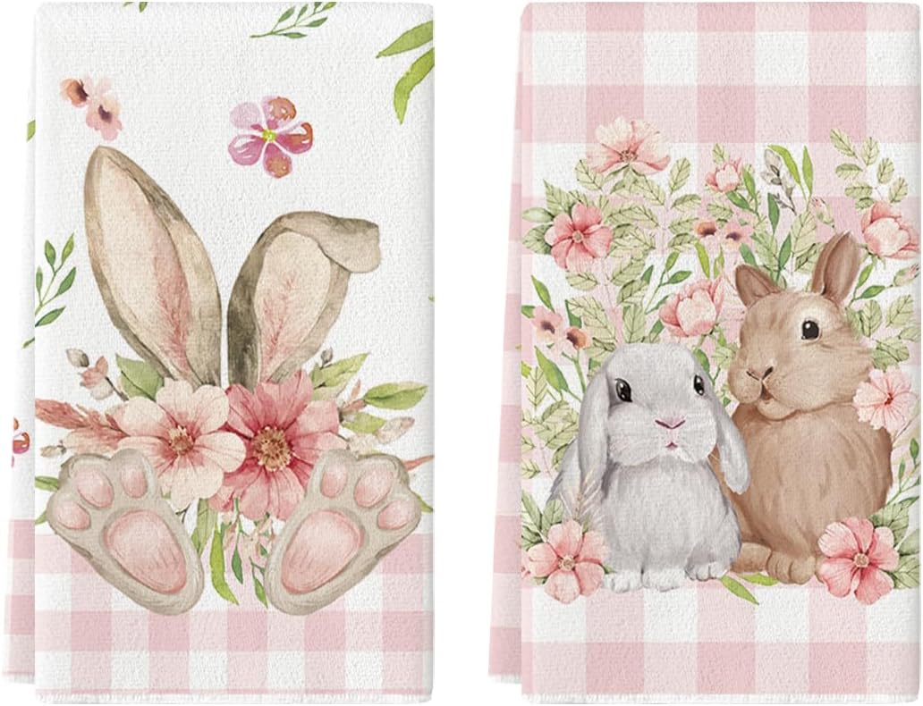 Artoid Mode Pink Buffalo Plaid Bunny Rabbit Flower Easter Kitchen Towels Dish Towels, 18x26 Inch Seasonal Decoration Hand Towels Set of 2