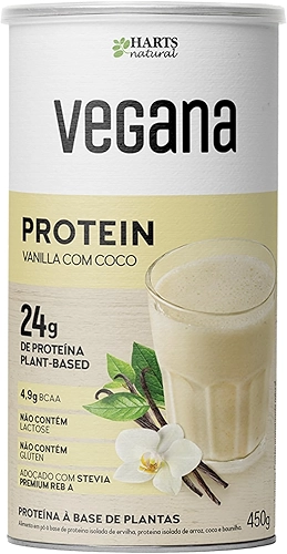 Hart's Natural Proteína Vegana Baunilha com Coco 450g, 24g de Proteína Plant-Based por Porção, Zero Açúcar, Sem Glúten, Sem Lactose, 100% Natural e Vegano