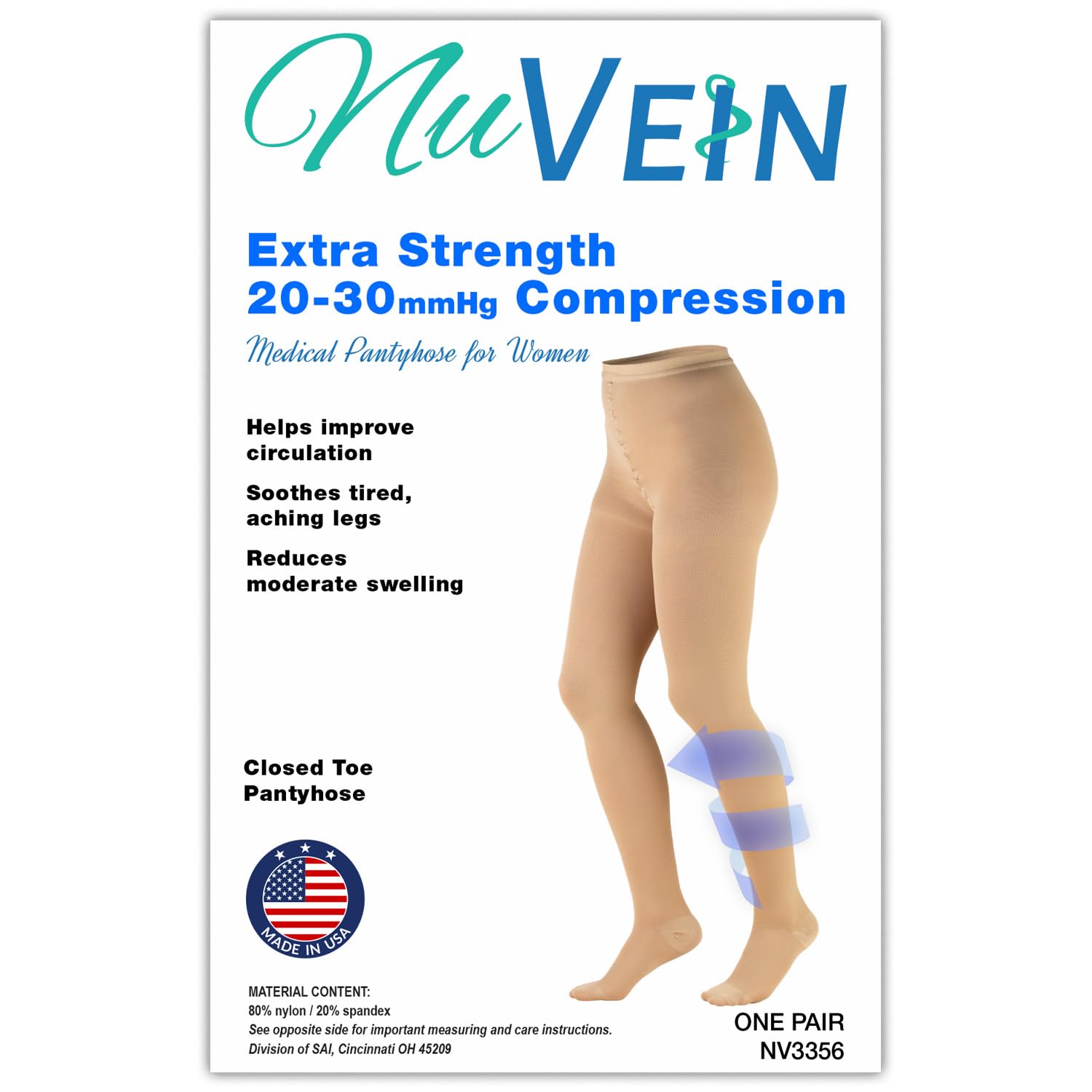 NuVein Medical Compression Pantyhose, 20-30 mmHg Support, Opaque, Black, Tall