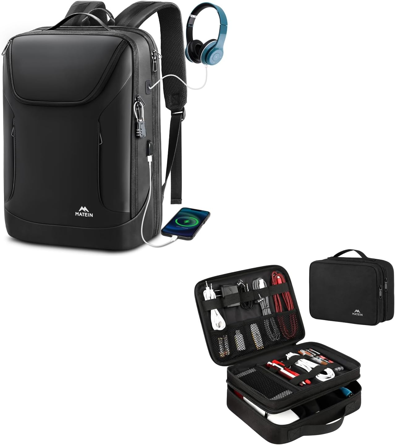 MATEIN Electronics Organizer Travel Case, Water Resistant Cable Organizer Bag. 17 Inch Laptop Backpack Waterproof, Anti Theft Business Work Backpack with Lock