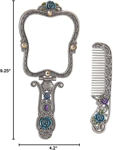 Miniatura 7 de Juego de peine de espejo antiguo, espejo de maquillaje de mano de metal vintage con un peine de rosa rusa en relieve, espejo de mano de viaje