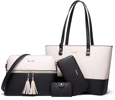Lovematch Women Fashion Synthetic Leather Handbags Tote Bag Shoulder Bag Top Handle Satchel Purse Set 4pcs