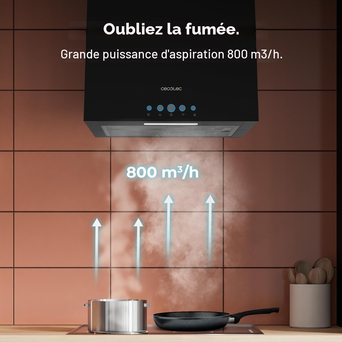 Cecotec Hotte Aspirante 38cm îlot Carré Bolero Flux Ict 388000 Black A++. Finition Noire, Aspiration 800M3/H, Moteur 210W, Commande Electronique, Lumière, Filtre à Charbon