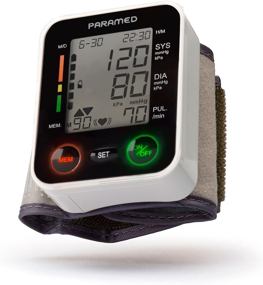 PARAMED Automatic Wrist Blood Pressure Monitor: Blood-Pressure Kit of Bp Cuff + 2AAA and Carrying case - Irregular Heartbeat Detector & 90 Readings Memory Function & Large Display : Health & Household