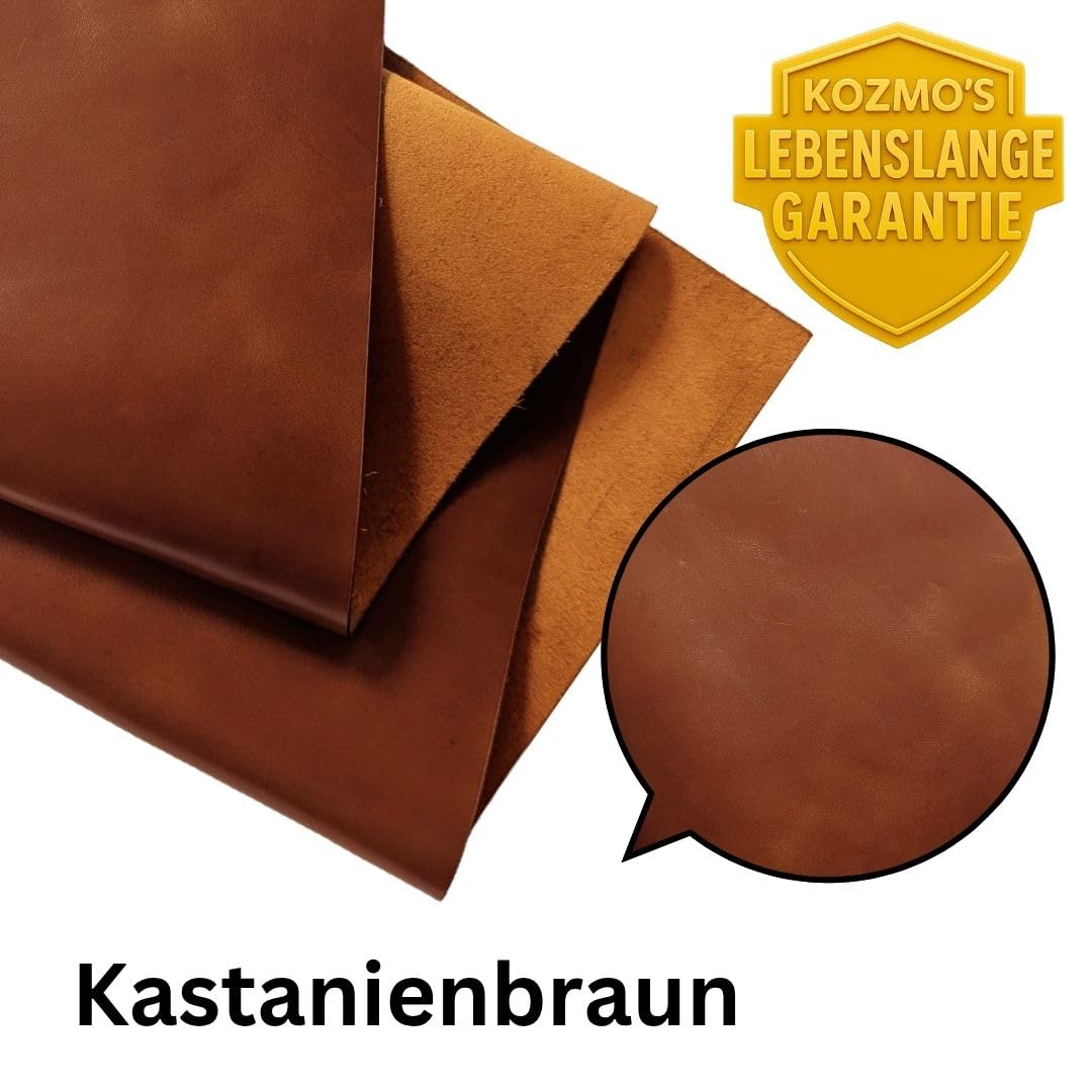 KGS Kozmo Feuilles de cuir véritable - Cuir gaufré pleine fleur - 1,3 à 1,5 mm d'épaisseur - Pour les travaux du cuir et les réparations - Marron châtaignier tanné à l'huile - 30 x 60 cm