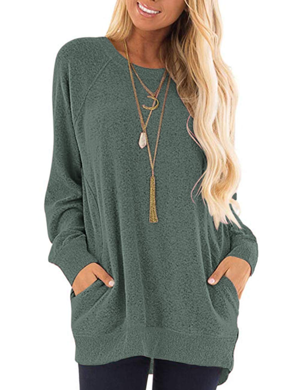 Auselily Women's Forest Green Long Sleeve Tops Round Neck Casual Jumpers Blouses Autumn Sweatshirts With Pockets S