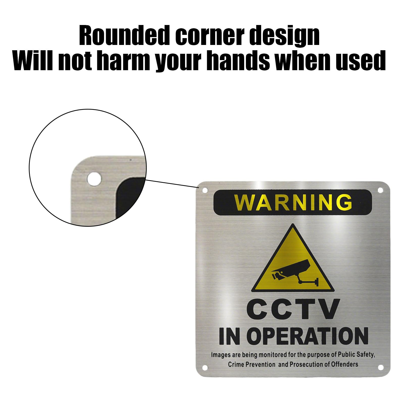 Pre-Drilled Aluminium CCTV Sign 15x15cm, 2 Pack Brushed Metal CCTV in Operation Sign - Image 3