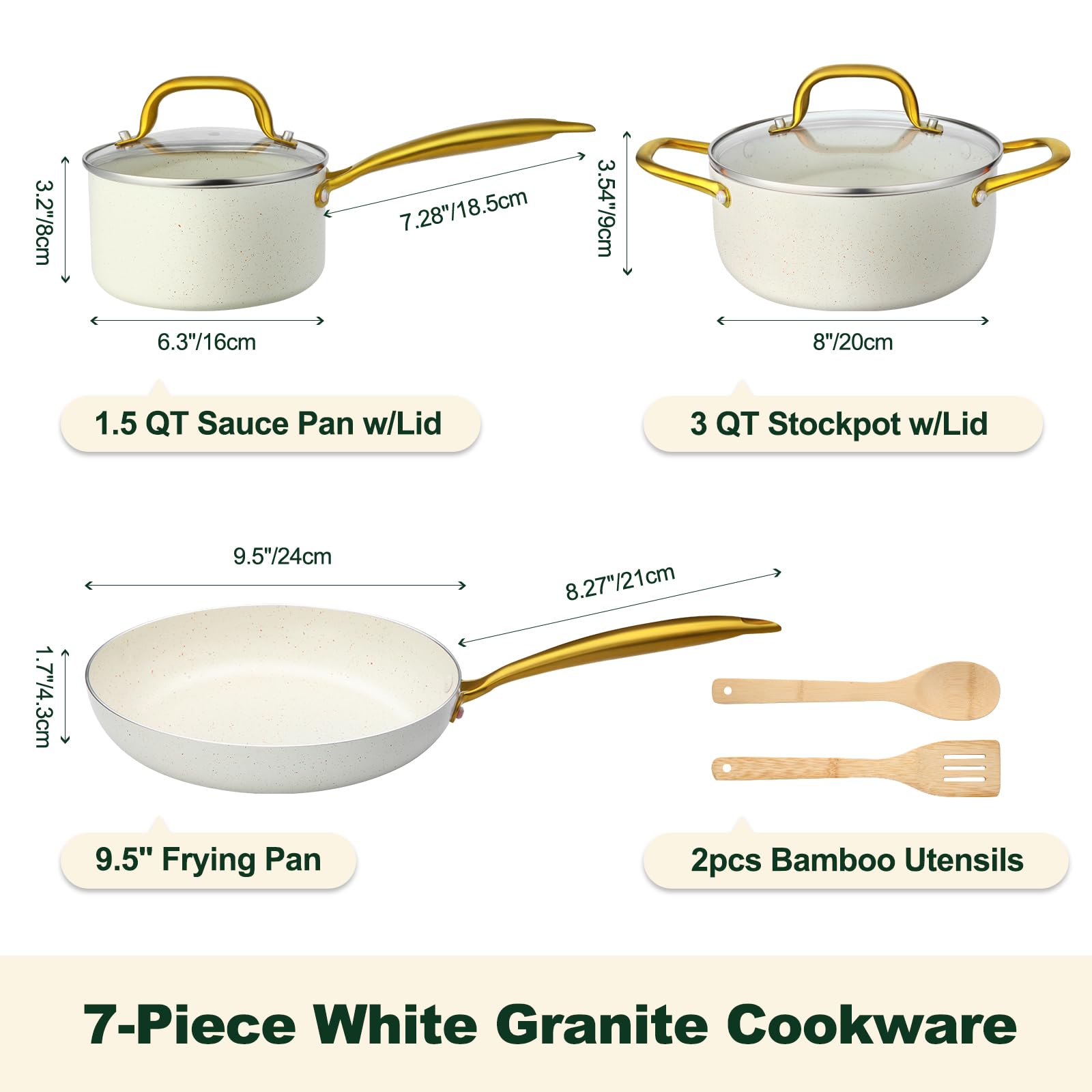 M MELENTA Batterie de cuisine induction 7 pièces, 2 Casseroles 16/20cm + 1 Poele 24cm, Lot casserole et poele anti adhesive, Avec poignée dorée et ustensiles, Compatible Four, Blanc