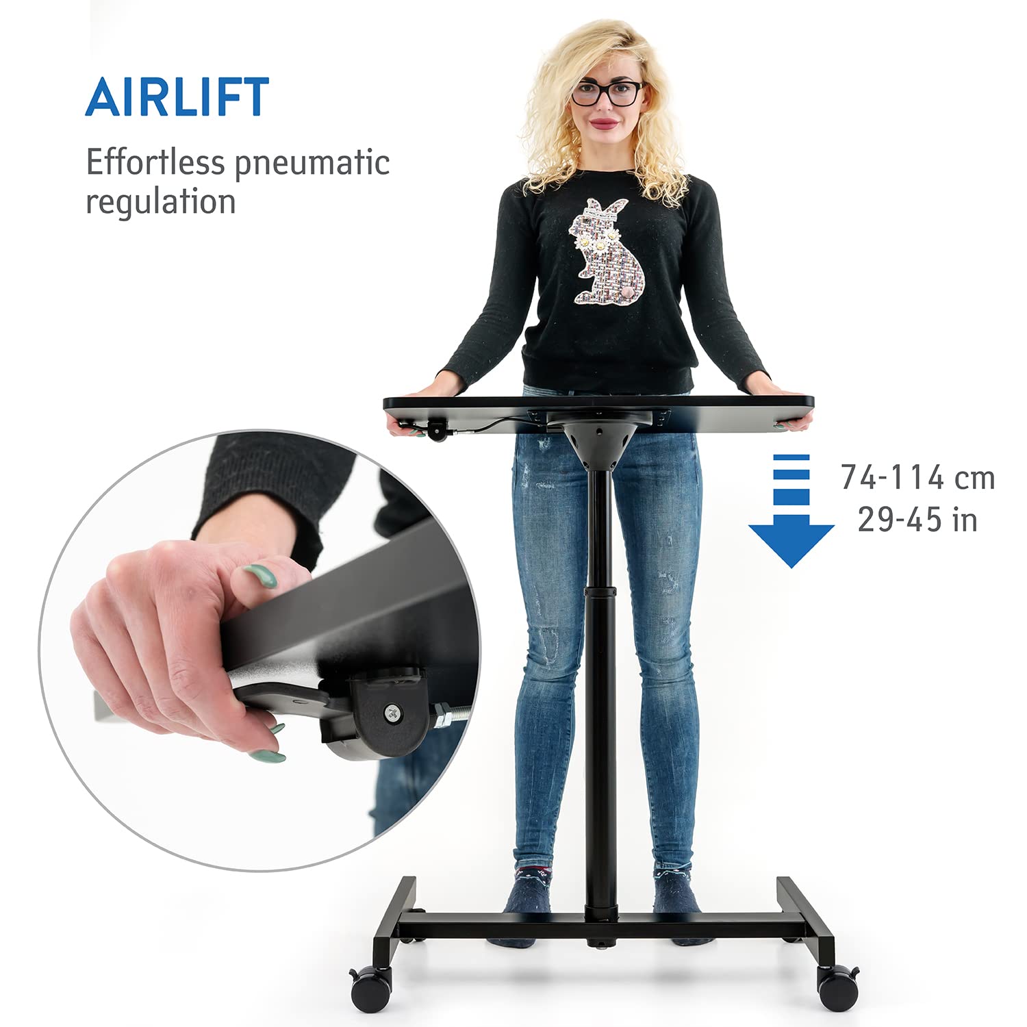 Tatkraft Focus - Laptoptisch Höhenverstellbar, 74-114 cm, Airlift Pneumatischer Sitz-Steh, mit Rädern, große Tischplatte Geeignet bis 19” Laptops