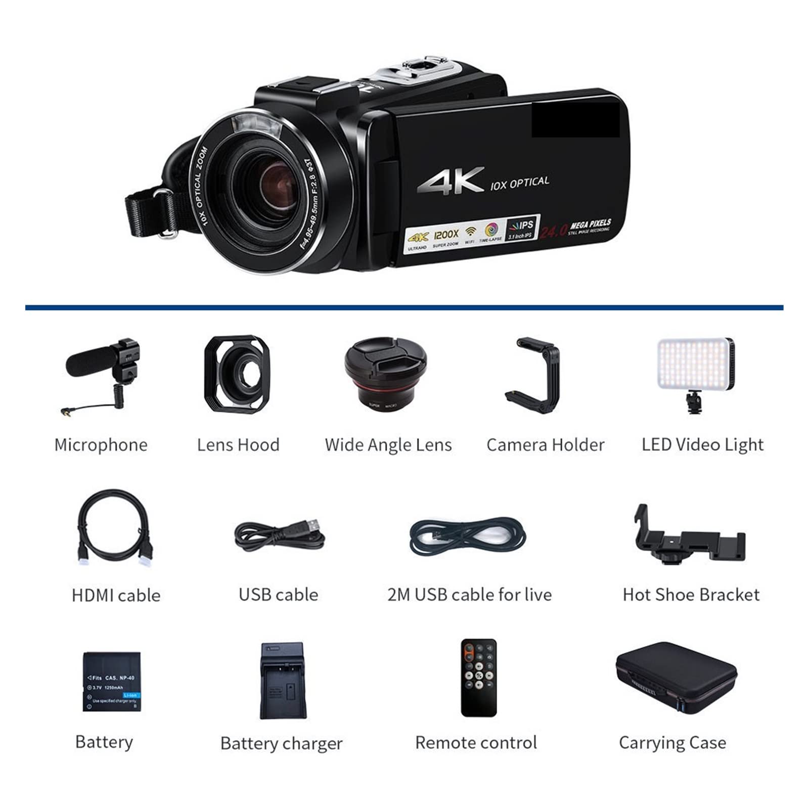 Cámara Digital, Videocámara Cámara de Video Profesional, Zoom óptico 10X, Grabación de Vlog en Vivo