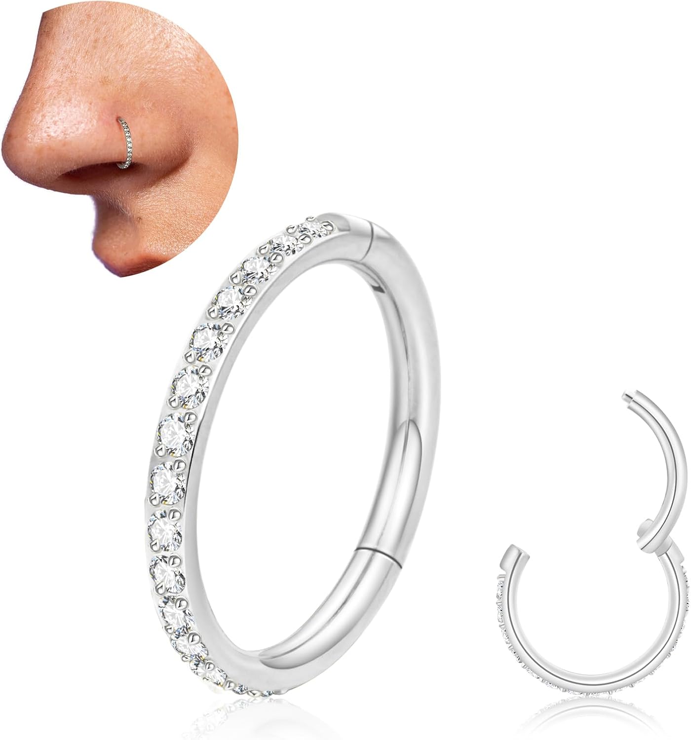 20G 18G Titanium Nose Ring Hoop, Cartilage Hoop Earrings for Women Men, Hinged Silver Gold CZ Nose Ring Upper Ear Tragus Daith Conch Helix Septum Nose Piercing Jewelry 6/8/10mm