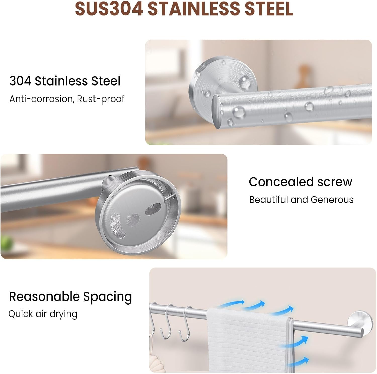 2 Pieces Brushed Nickel Towel Racks for Bathroom, with 10 PCS Hooks, 24'' SUS304 Stainless Steel Towel Bar for Bathroom Wall Mounted, Double Towel Racks for Bath,Kitchen, Laundry Room