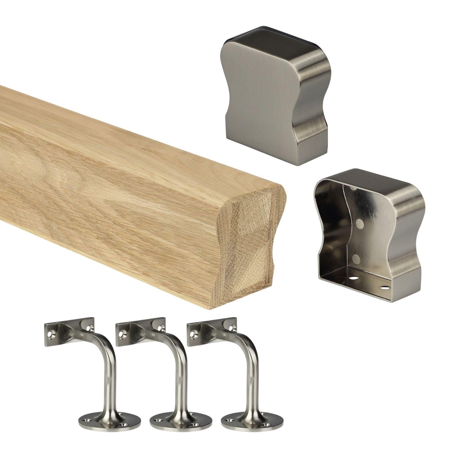 Oak HR Wall Mounted Handrail Kit Oak Handrail with End Caps & Wall Brackets - Chrome, Black, Nickel - 1800mm 2400mm 3600mm 4200mm Lengths (Brushed Nickel, 1800mm)