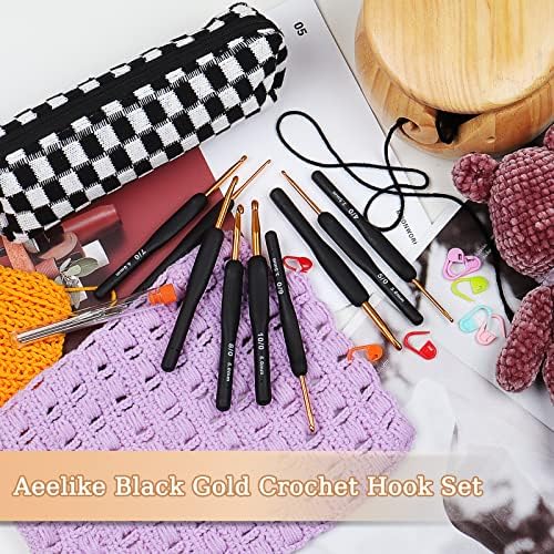 Aeelike Crochet Hooks Sets Soft Grip with Case, Ergonomic Crochet Hooks for Arthritic Hands, Crochet Set with 9 Pcs Black Rubber Handle Metal Crochet Needles(2.0-6.0 mm), Beginners Crochet Starter Kit