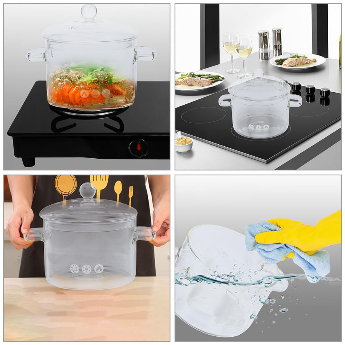 NUOBESTY Hitzebeständiger Glas Schmortopf mit Doppeltem Griff für Haushalt Induktionsgeeignet Leicht zu Reinigen zum Kochen von Nudeln und Suppe