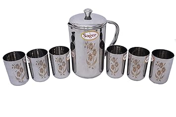 SAGER® Platinum Collection Stainless Steel drinkware Set Combo of 1 Jug/Pitcher for Water Storage (2 LTR.) and 6 Pc. Glass, Mirror Finish with Permanent Beautiful Laser Design