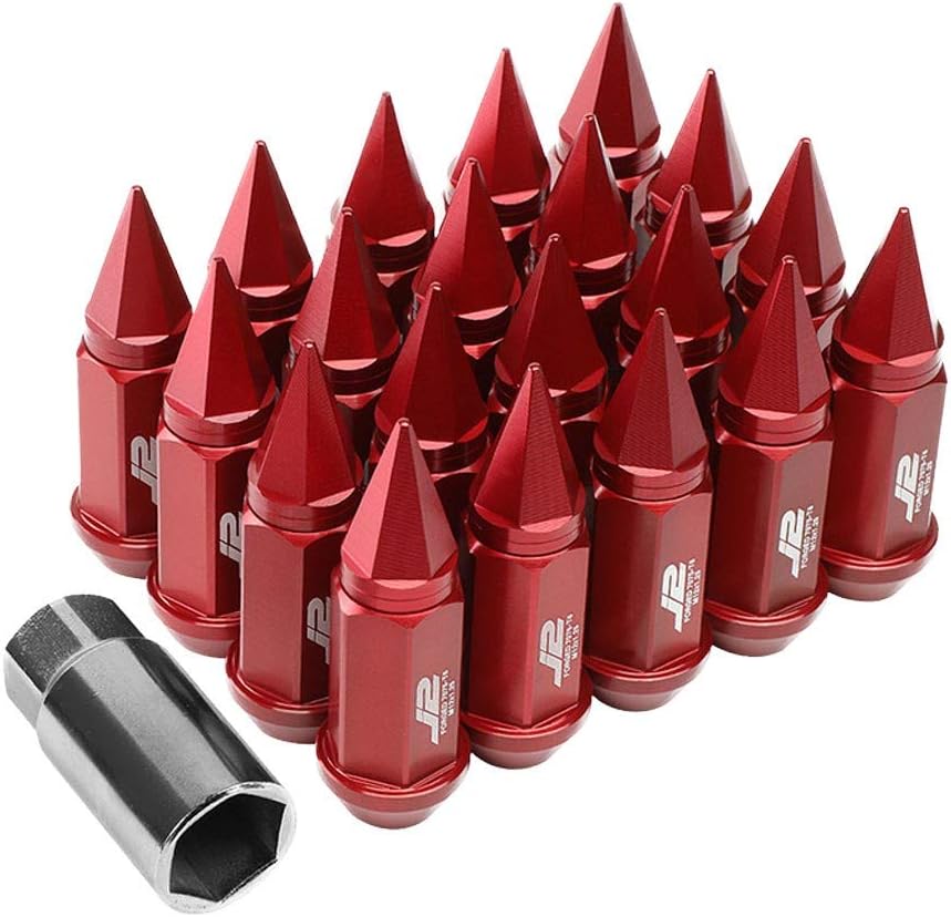 J2 Engineering T7-020 Open End Acorn Tuner w/Spike Cap Lug Nuts 20PC Set M12 x 1.25 Conical Seat (Red Anodized 7075 Forged Aluminum)