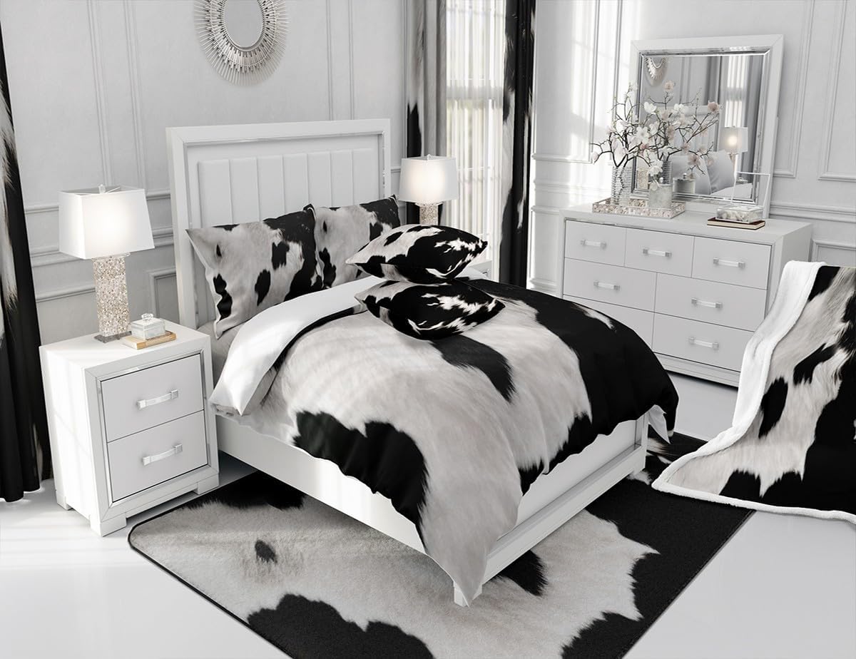Cowhide Throw Pillow Covers 24"x24" Set of 2 Cow Fur Printed Pillow Cases Cushion Covers for Living Room Bedroom Western Farm Animal Skin Black White Decorative Throw Pillowcases for Sofa Couch Chair