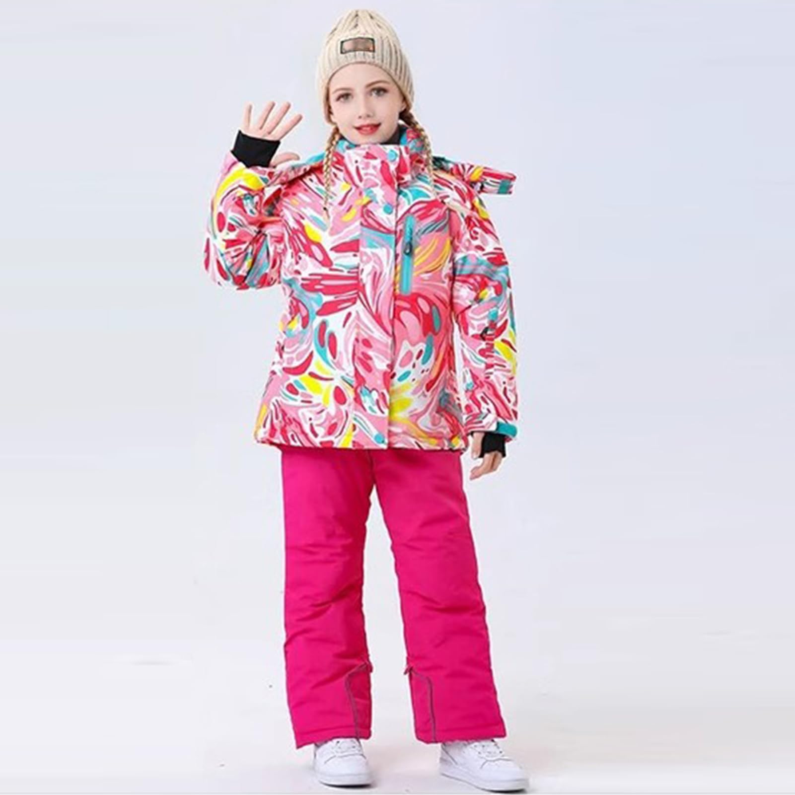 Conjunto de traje de esquí infantil de 2 piezas con capucha, traje de nieve impermeable a prueba de viento para niños y niñas, chaqueta de esquí cálida y pantalones de esquí, rosa brillante