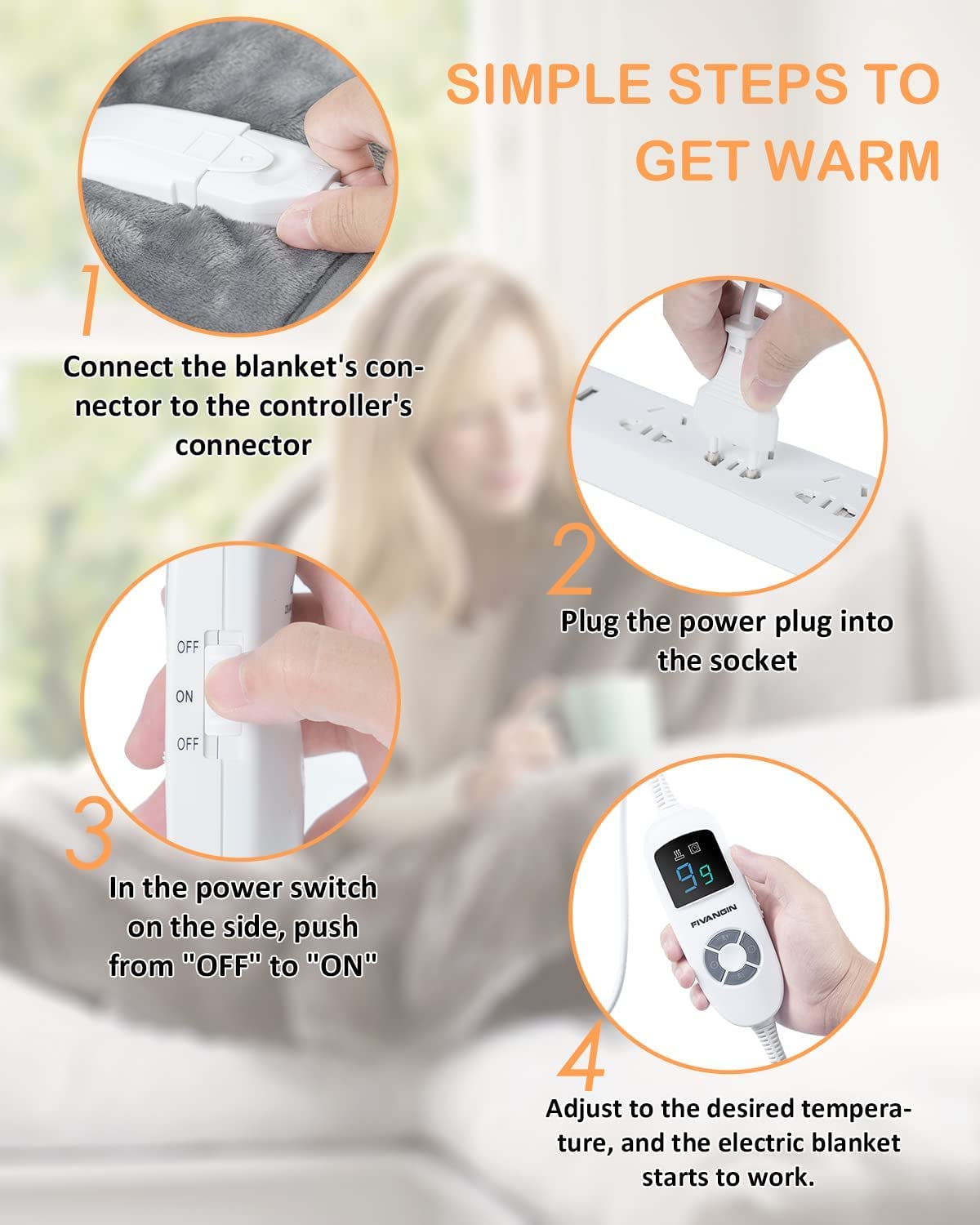 FIVANGIN Electric Blanket 160 x 130 cm | Electric Heat Blanket with  Automatic Shut-Off | Cuddly Blanket | 1-9H Timer Function | 9 Temperature  Levels | Washable up to 40°C | Digital Display : Amazon.de