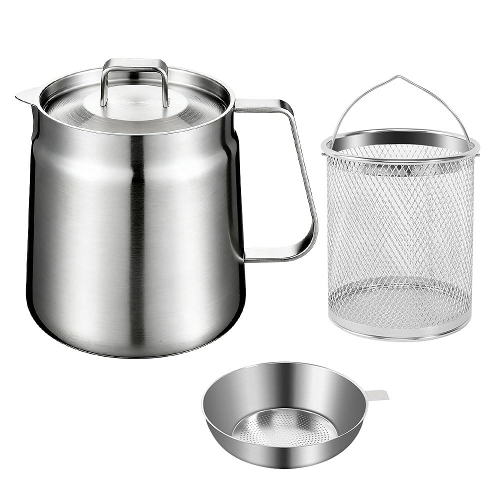Gobesty 2L Steel Pour Fry Pot, 304 Stainless Deep Fat Fryer with Lid, Fryer Basket & Strainer, Dust-Proof Lid and Non-Slip Chip Pans, Bacon Deep Fryer Pot for Kitchen, Frying, Cooking, Camping