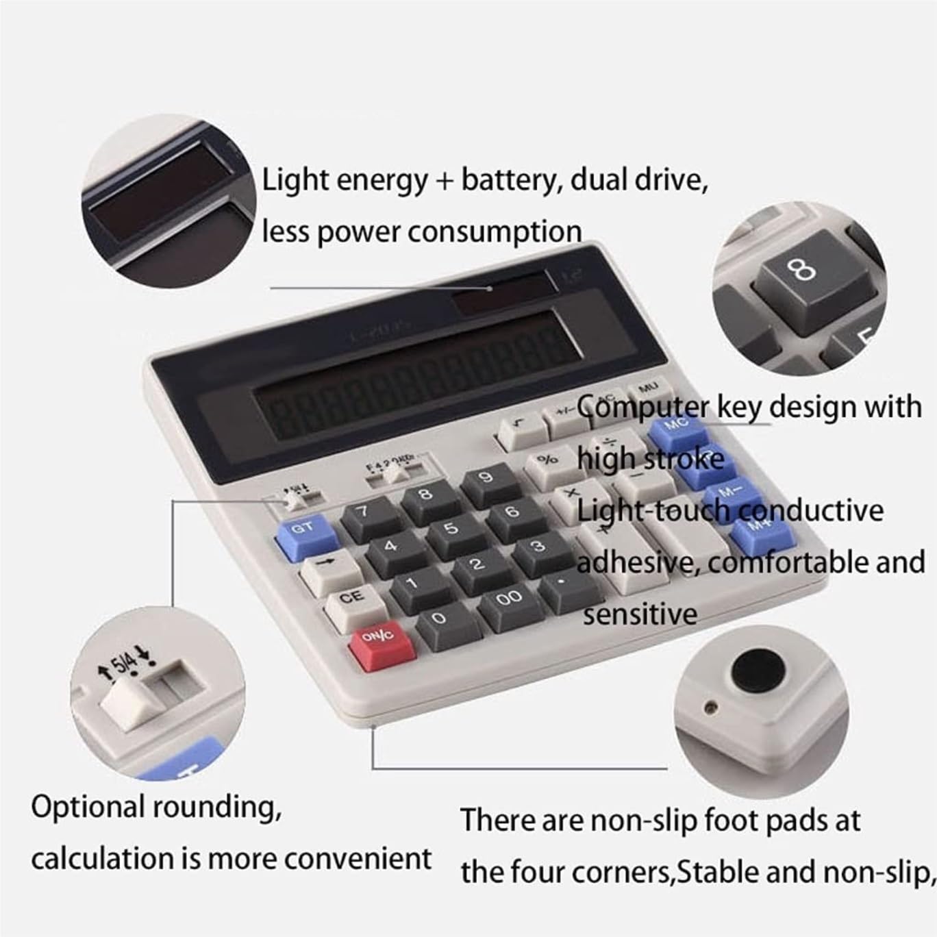 Calcolatrice per Ufficio Calcolatrice Elettronica da Tavolo A 12 Cifre, Tasti della Tastiera, Ampio Display LCD, Batteria Solare, Doppia Alimentazione Scuola