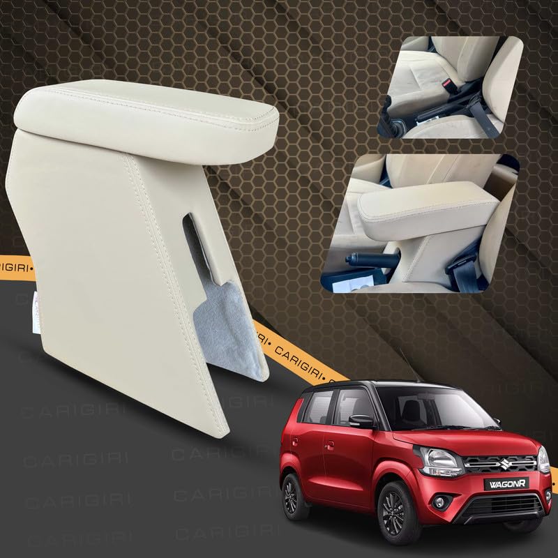 Image of Carigiri Premium Finish Car Armrest for Maruti Suzuki New WagonR with Moulded Foam And Storage Compartment (Nappa Leatherette,Double Stitching)(Models-2019-2024) (Beige Seam)