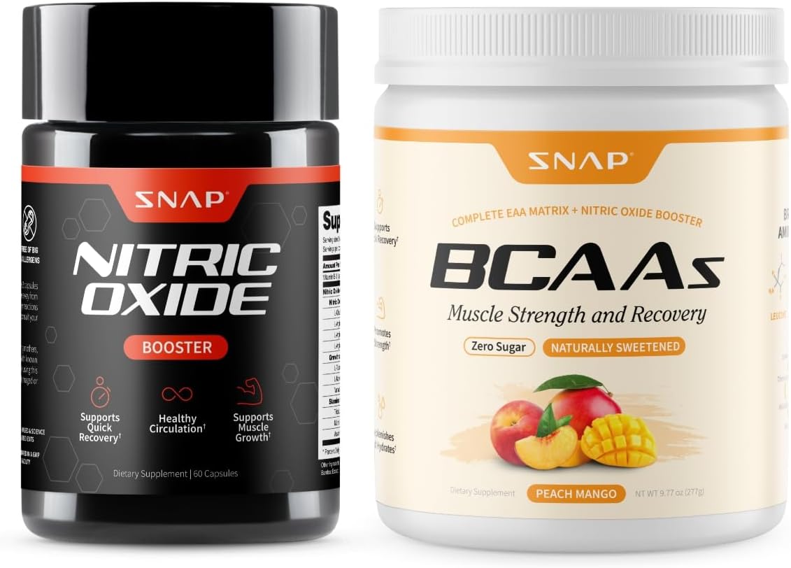 Snap Supplements Nitric Oxide Booster + BCAA Complete EAA Matrix Powder Bundle, 60 Vegetarian Capsules + 30 Servings Peach Mango