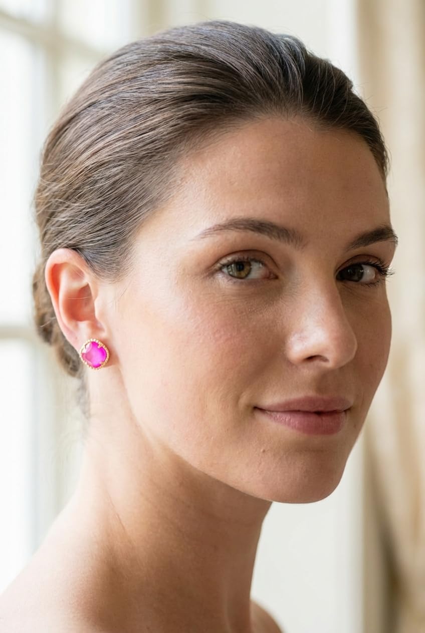 Sorrelli Cushion-Cut Solitaire Stud Earrings – Vintage-Inspired Crystal Studs with Decorative Edged Border, Everyday Post Back, Wild Watermelon Pink