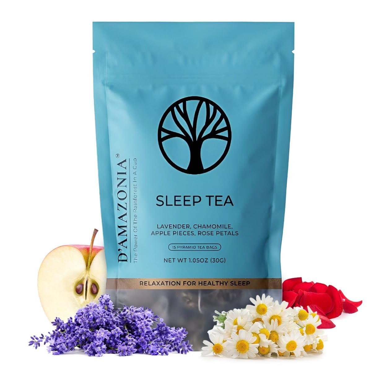 D’Amazonia Sleep Tea | Award Winner | 100% Natural | A Blend of 14 Herbs and Fruit | Chamomile, Hibiscus, Lemon Balm | 1 Pack of 15 Pyramid Tea Bags | Calm Tea | Night Tea