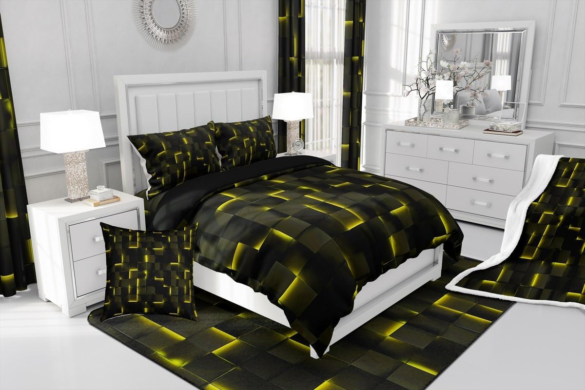 Erosebridal Neon Black Yellow Twin Comforter Set,3D Geometric Checkered Bedding Sets,Plaid Abstract Quilt Bed Set,Video Game Bedroom Decor for Kids Boys Girls,1 Pillowcase