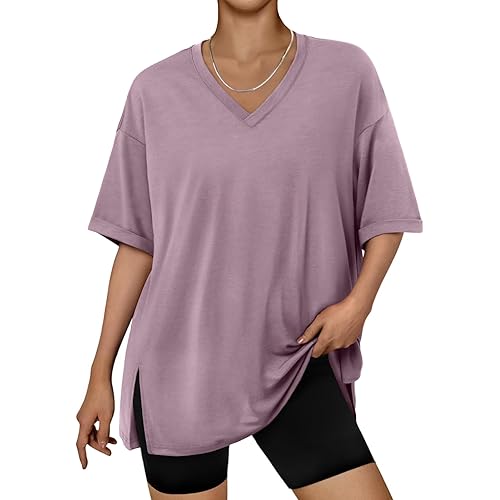 Trendy Queen Oversized Tshirts for Women Workout Plus Size Tops V Neck Short Sleeve Gym Shirts Casual Loose Fit Basic Tees