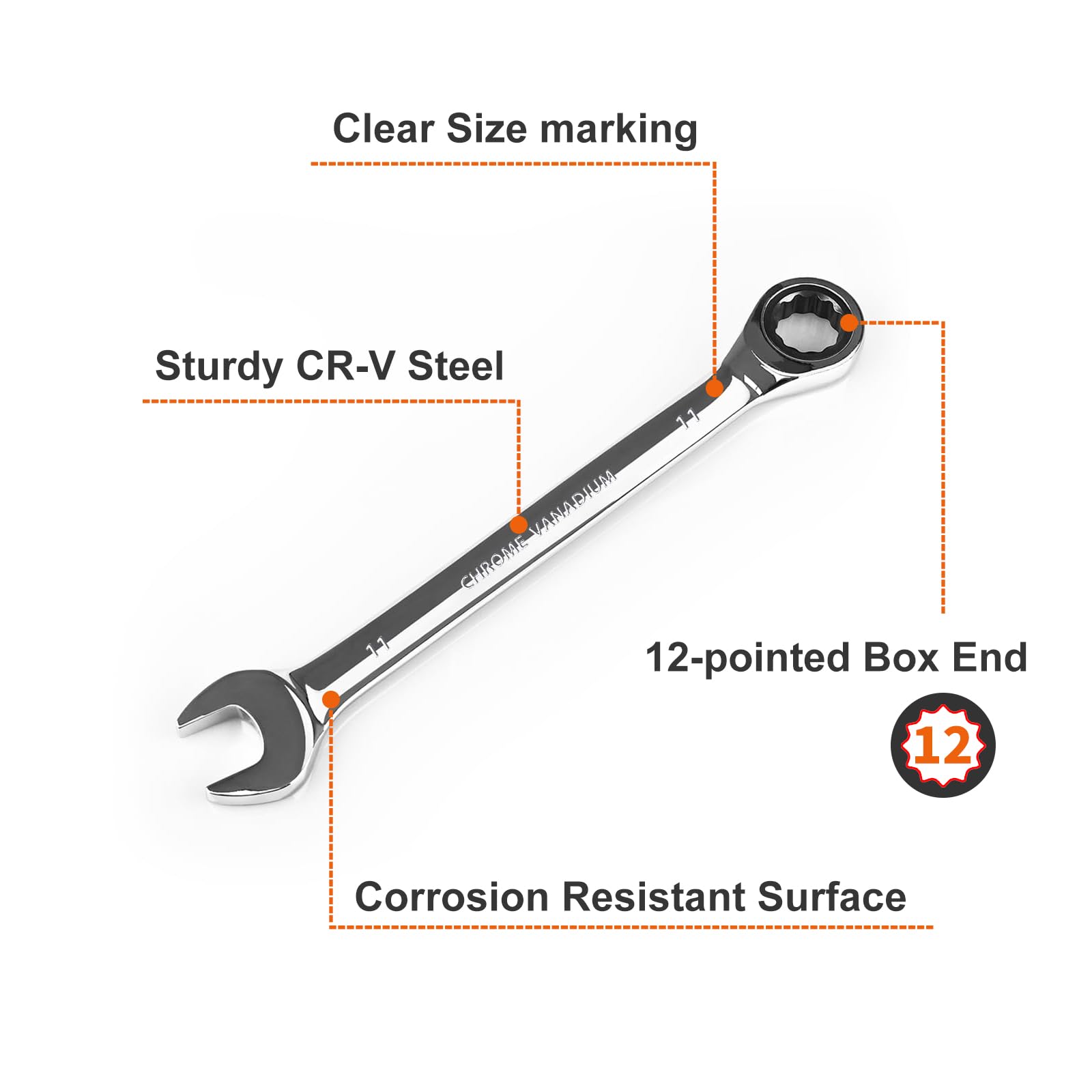 EGOFINE 11mm Ratcheting Combination Wrench Metric, Industrial Grade Gear Spanner with 12-Point Design, 72-Tooth Ratchet - Image 2