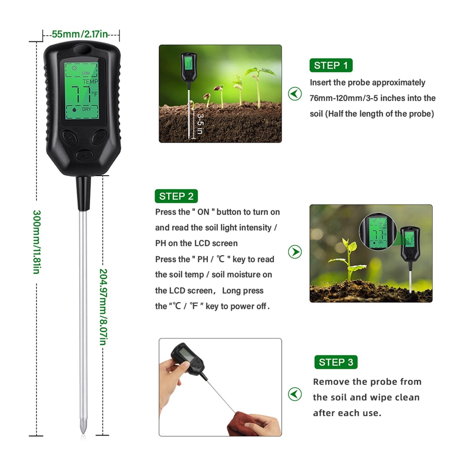 Bodenmessgerät PH/Feuchtigkeit/Sonnenlicht/Temperatur Feuchtigkeitsmesser Säuremonitor Gartenarbeit Landwirtschaft Pflanzen Feuchtigkeitssensor Tester Kleiner Fehler