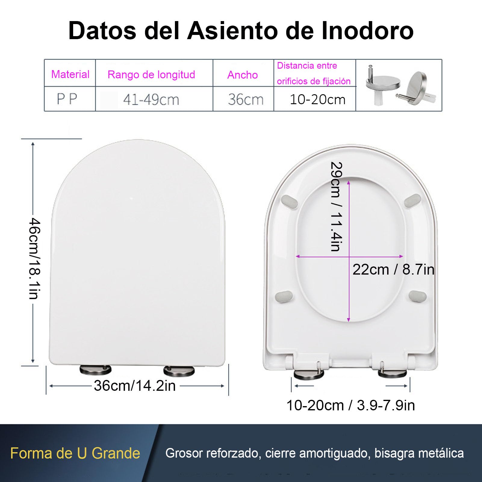 Tapa WC Forma D Blanca con Cierre Suave, Tapa de Inodoro de PP, 46x36cm