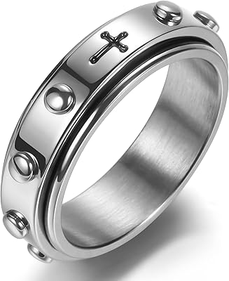 6mm Spinner Ring for Anxiety Relief Fidget with Rosary Beads Cross Lord Prayer SilverBlackGoldRose Gold Stainless Steel Ring