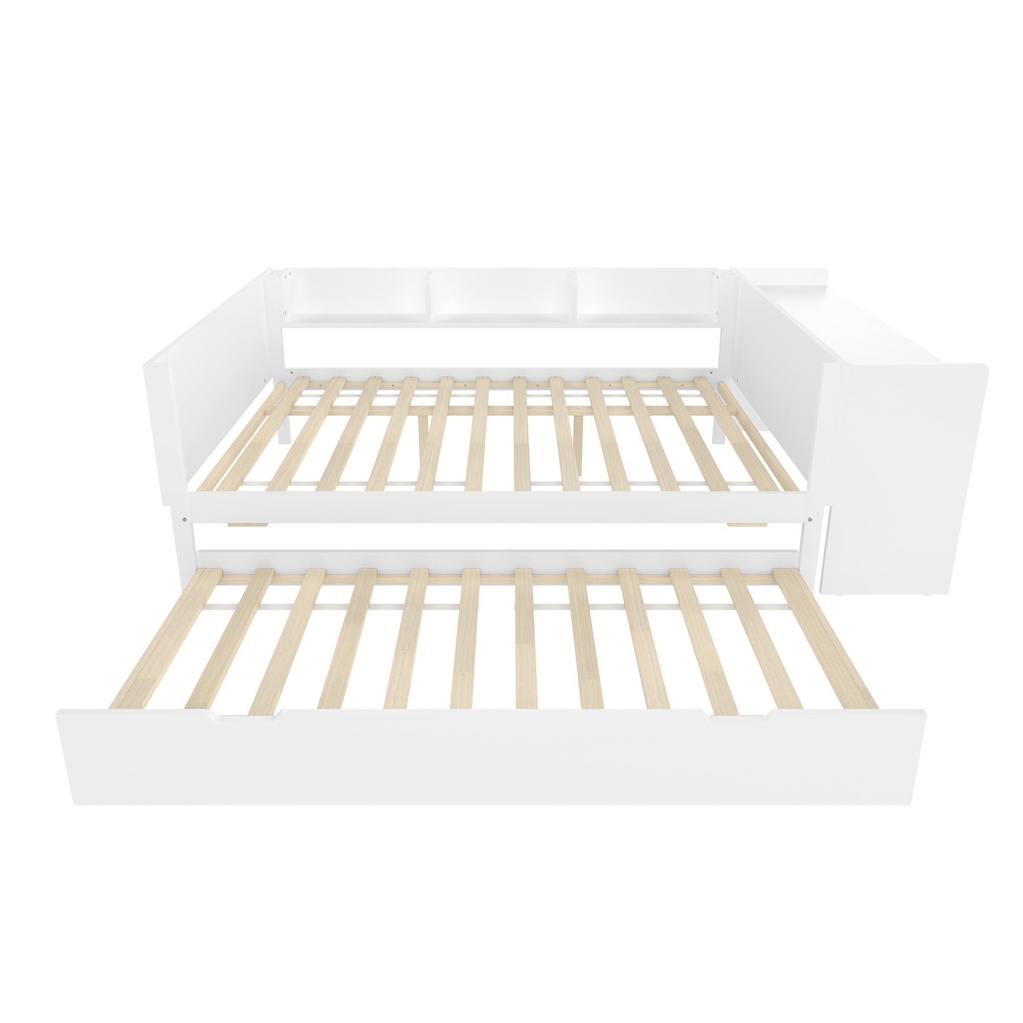 Letto basso, 140x200 cm, letto in legno, con scrivania, con letto estraibile, letto matrimoniale (senza materasso), con ripiani, pino+pannello truciolare (Bianco/con letto estraibile)