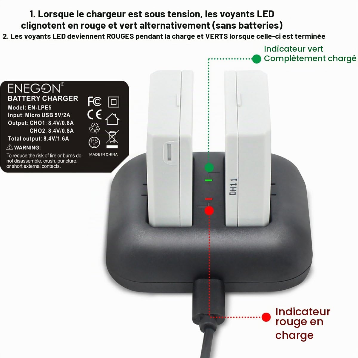 ENEGON 2xCanon LP-E5 Batterie de Remplacement et Chargeur Double Rapide pour Canon LP-E5 et Canon EOS Rebel XS, Rebel T1i, Rebel XSi, 1000D, 500D, 450D, Kiss X3, Kiss X2, Kiss F