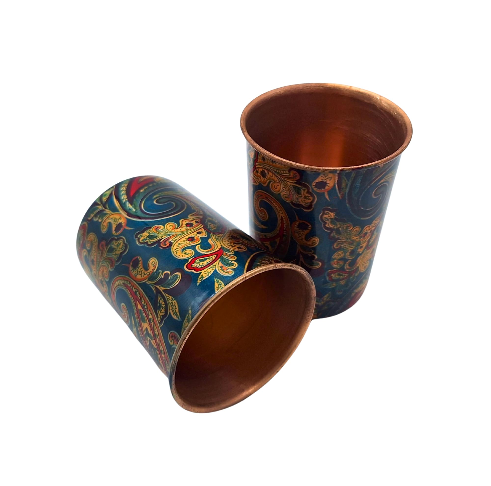 Kupferbecher 2er Set – Premium Copper Cup aus 99,9% reinem Kupfer – 250 ml Ayurveda Trinkbecher für Wasser – handgefertigt in Indien – traditioneller Kupfer Wasserbecher (Meenakari Flower)